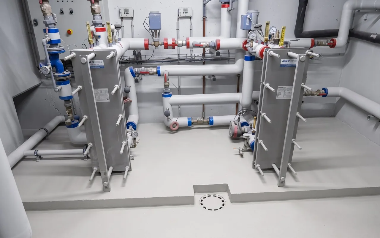 Sous-station de chauffage urbain avec échangeurs à plaques, réseaux hydrauliques calorifugés, vannes de régulation et instruments de mesure.